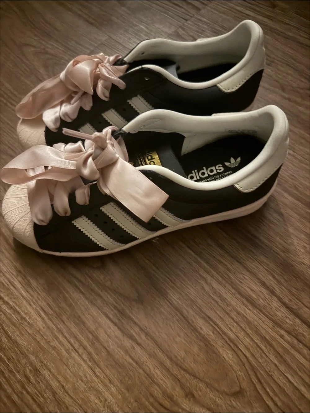 adidas Kids Black & White Sneakers with Pale Pink Satin Laces